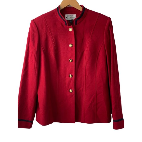 Kasper for Dillards Red Blazer Size 12 Lined 5 Button Stand Collar Holiday 6618 - Picture 2 of 14